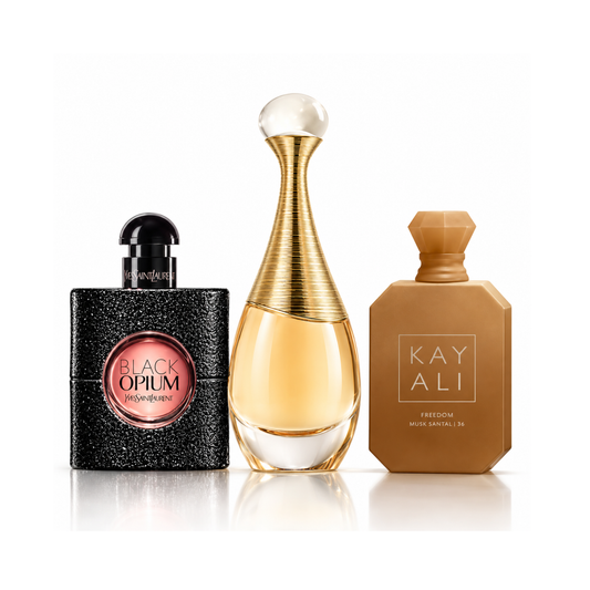 Set od 3 parfema | Black Opium YSL Eau de Parfum – 90 ml | J’adore Dior Eau de Parfum – 100 ml | Freedom Musk Santal | 34 Kayali Eau de Parfum – 100 ml